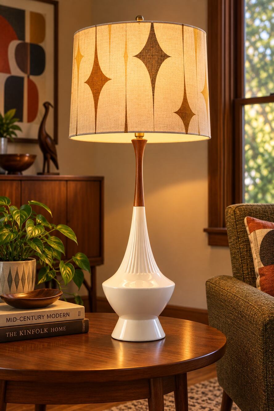 Vintage 1960s MCM Table Lamp White Ceramic Wood 34.5" Mid Century Modern
